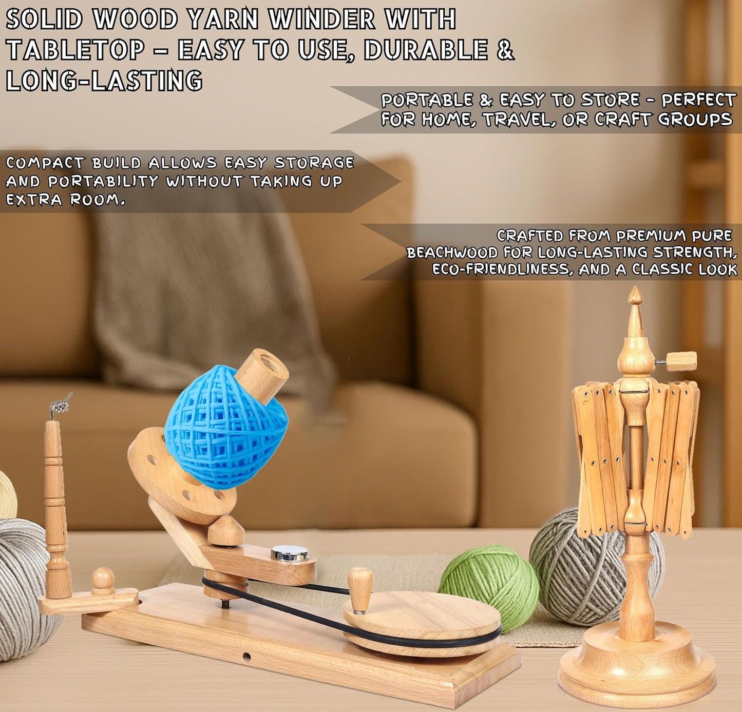 Wooden Yarn Ball Winder & Table Top Swift Set, Hand Operated Beechwood Combo Winder, Large Capacity 8 to 10 oz Yarn Fiber Winder, Wool String Swift Winder (Beechwood Winder & Swift)