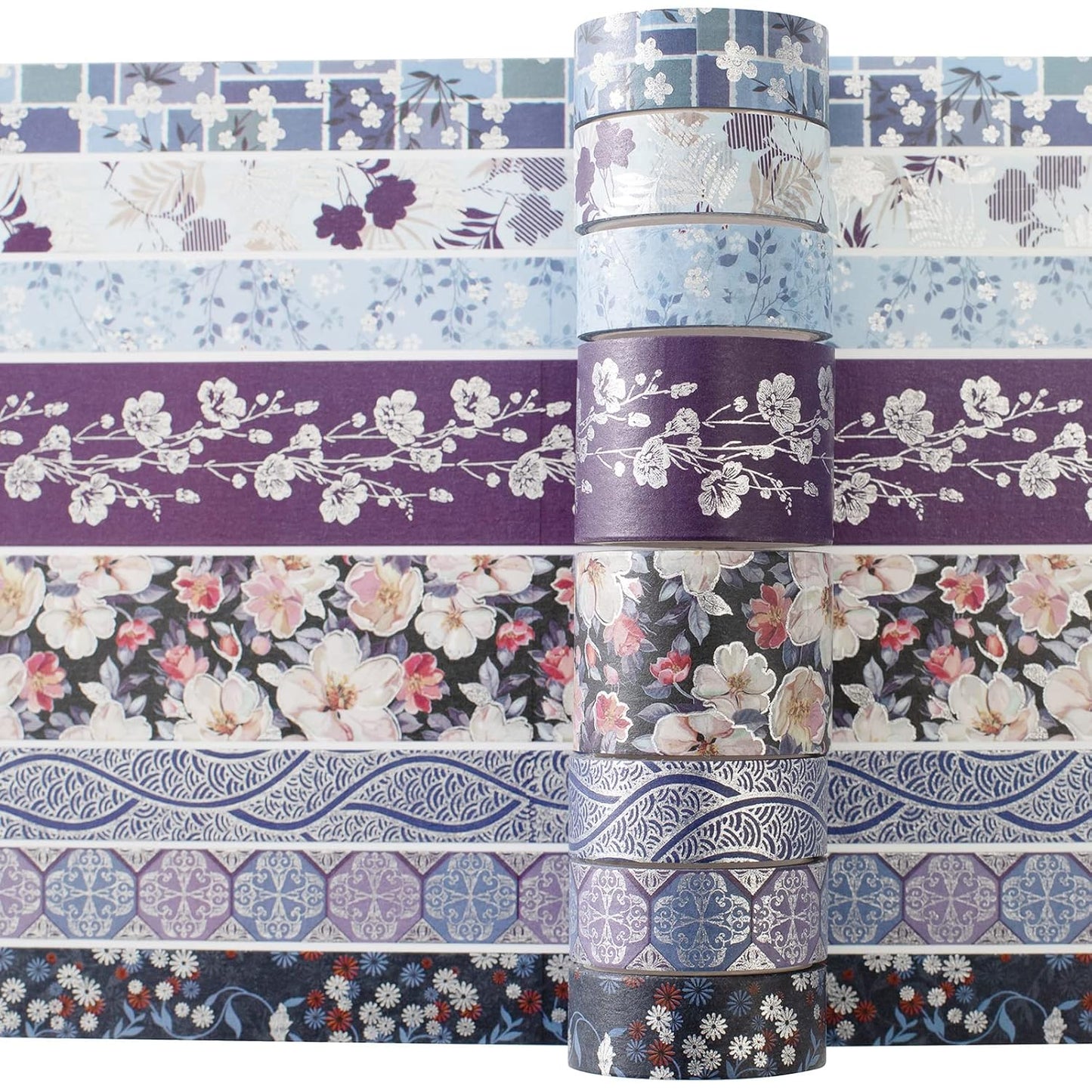 YUBX Elegance Blue Washi Tape Set 8 Rolls Wide Silver Embellishment Decorative Masking Tapes for Arts, DIY Crafts, Journals, Planners, Scrapbook, Wrapping