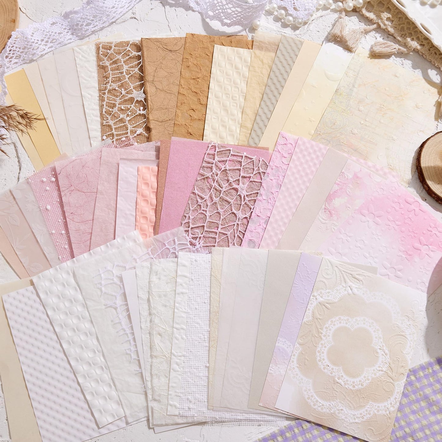 108 Sheets Textured Scrapbook Paper and Mesh Fabric Assorted Set - 6 Pack Mixed Special Paper for Scrapbooking Planner Bullet Junk Journal Supplies Mixed Collage Background 3.9x5.5 Inch