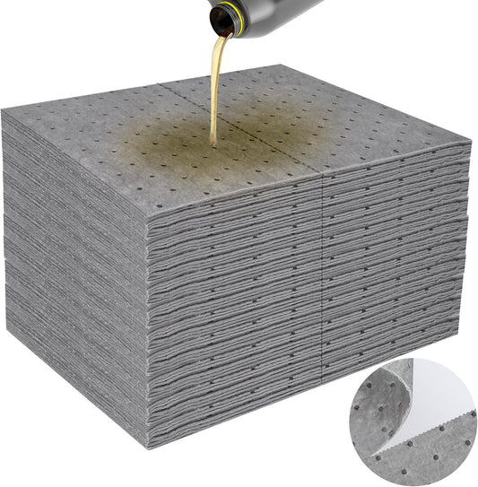 100PC Oil Absorbent Pads | 13"x10" Meltblown Polypropylene Mats, Hand-Tear Lines for Automotive & Workshop | Vacuum Eco-Packaging, Reusable Spill Control