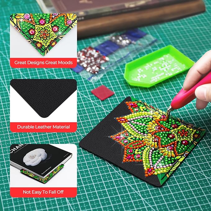 8 PCs Christmas Diamond Art Corner Bookmarks Leather Dimond Painting Book Mark Kit for Adults Paint by Dots Bookmarkers Craft DIY Gem Small Dotz Gifts for Women Mandala Flower Black Lotus