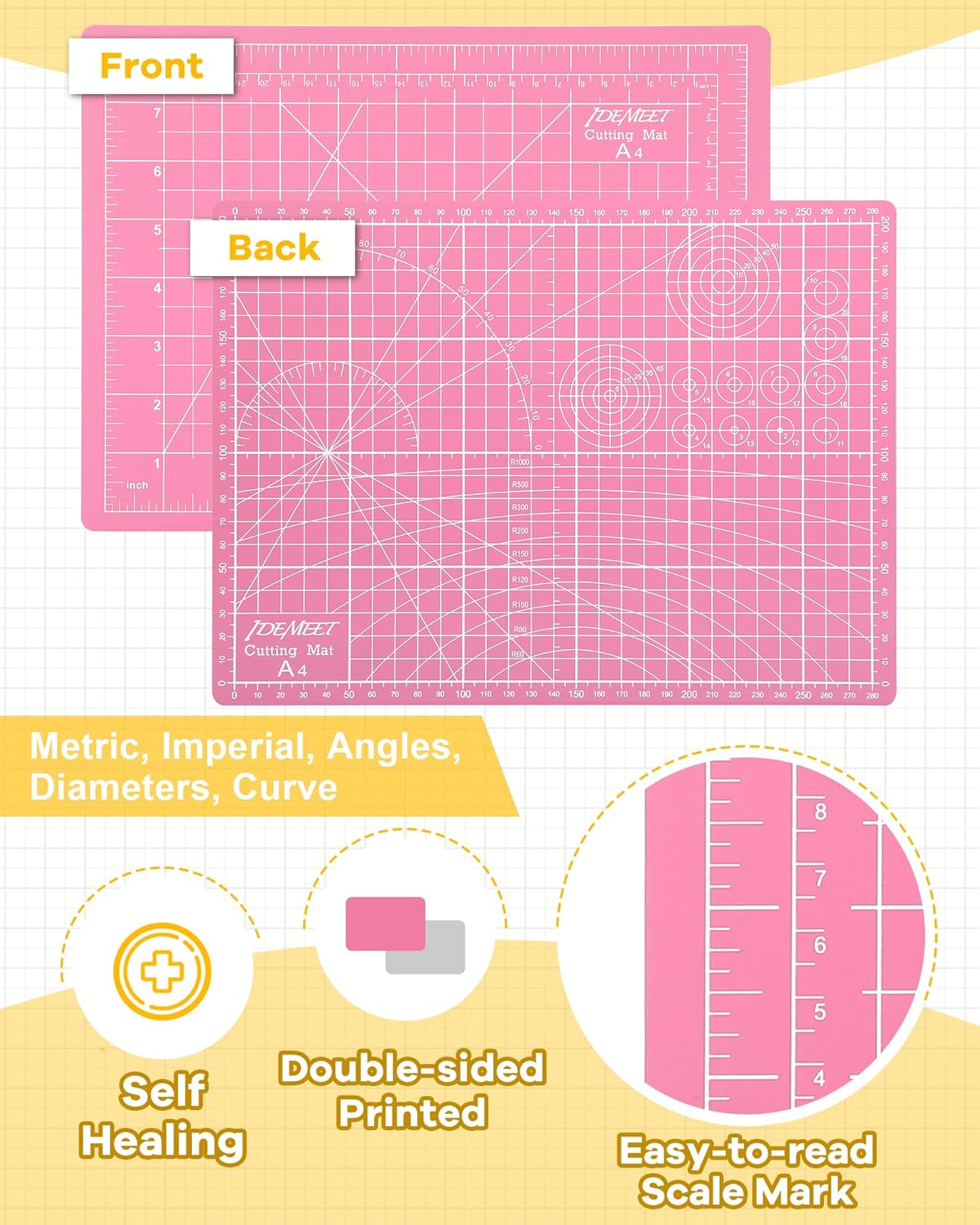 Density-upgraded 9"x12" Self Healing Cutting Mat, Idemeet Rotary Sewing Mat for Crafts, 5-Ply Blade Table Protector Cut Board for Fabric Leather Cutting Quilting Modeling Hobby Project, A4, Pink