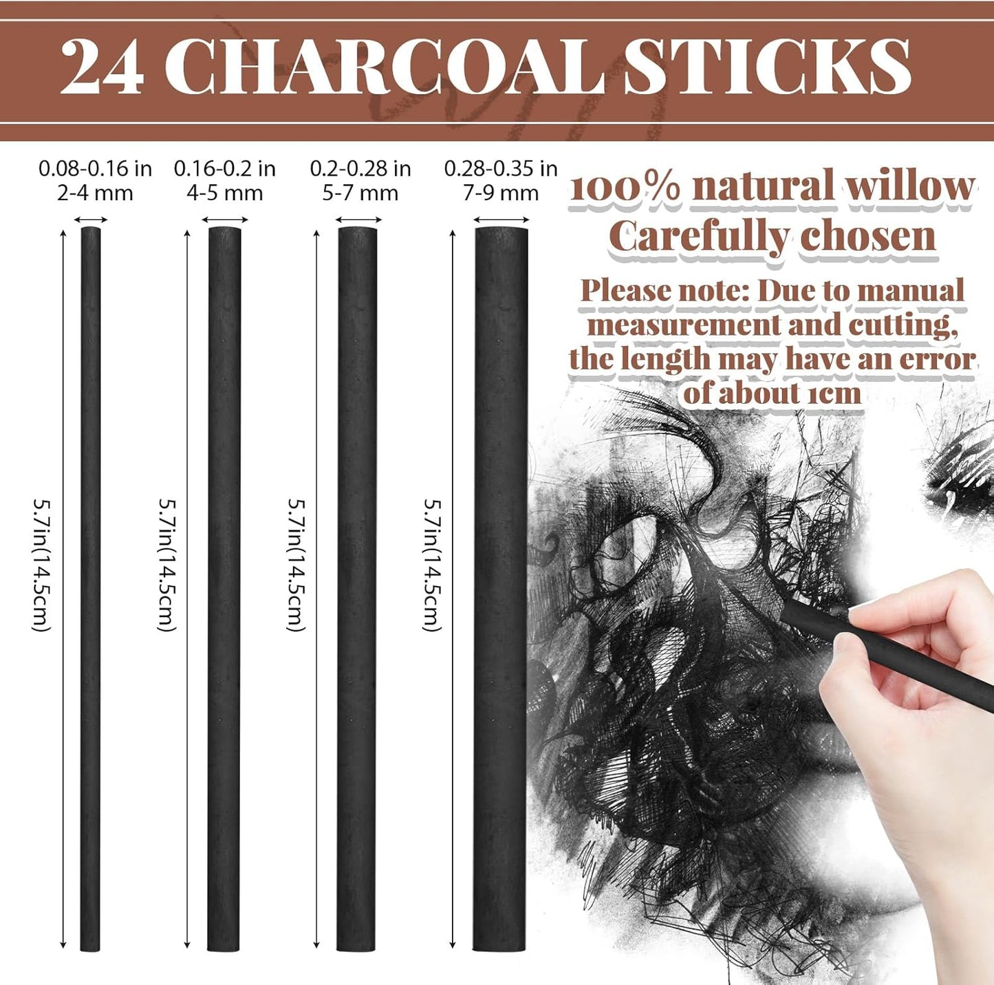 Gueevin 24 Pcs Willow Charcoal Sticks, Willow Charcoal, Artists, Beginners, Students, Perfect for Sketching, Drawing, Shading, and Fine Art Christmas Gifts for Art (2-4mm，4-5mm，5-7mm，7-9mm)