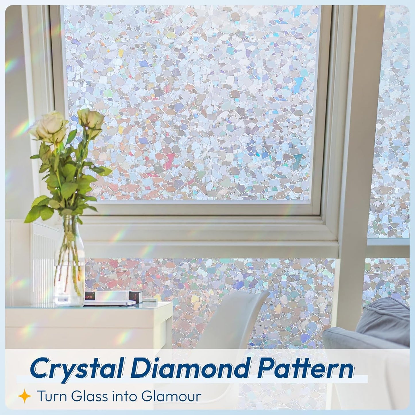 rabbitgoo Rainbow Window Privacy Film Decorative Stained Glass Diamond Pattern Window Sticker with Iridescent Tint Non-Adhesive Static Cling for Home Office Crystal Pattern, 35.4 x 157.4 inch