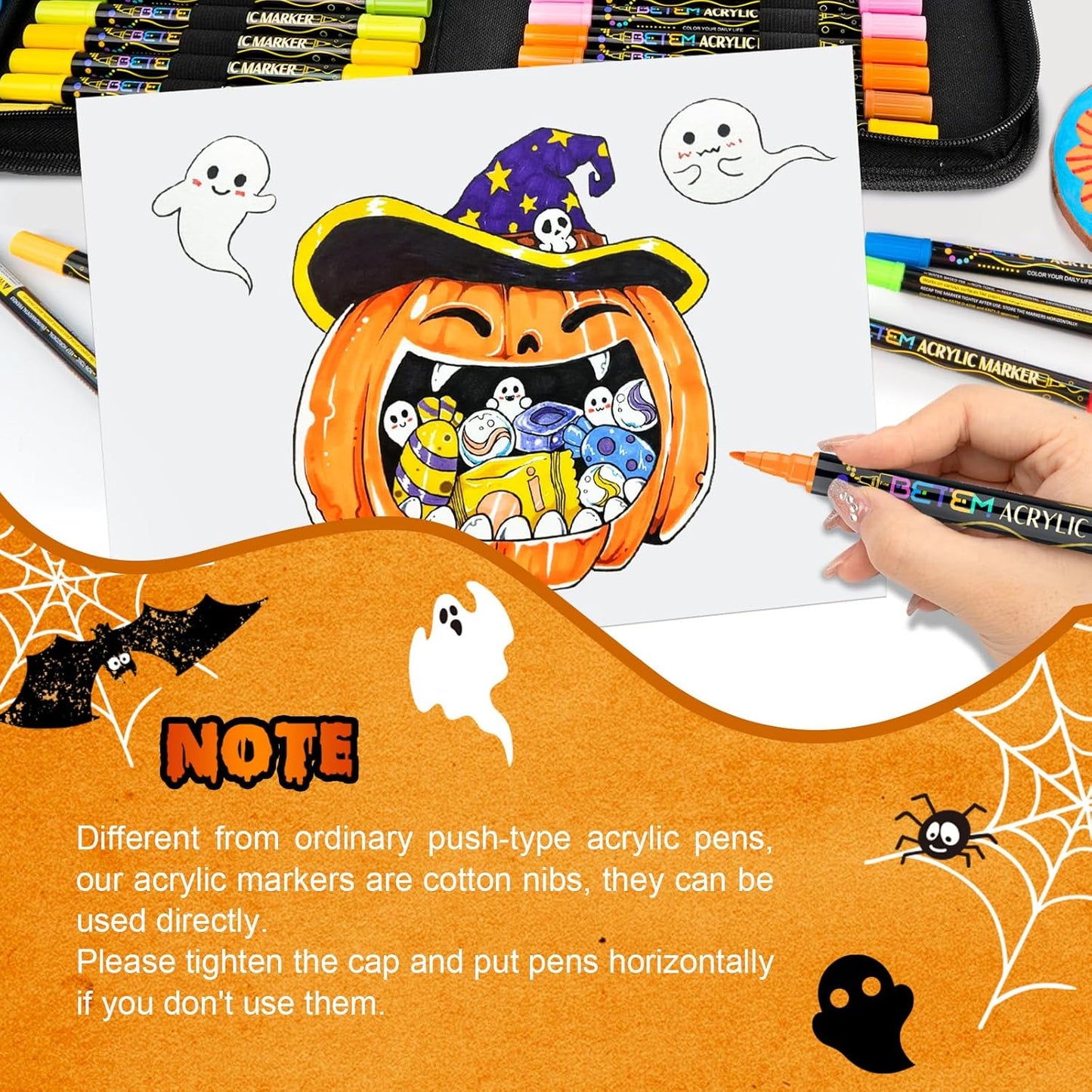 Betem Paint Markers Acrylic Paint Pens, Dual Tip 48 Colors Acrylic Markers with Brush Tip and Fine Point, Art Supplies for Wood, Canvas, Stone, Glass, Rock Painting Kit DIY Crafts Drawing Kit with Bag