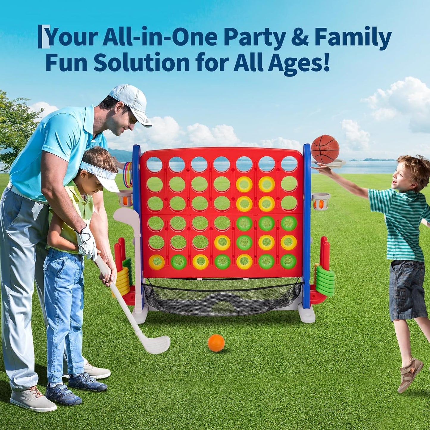 Giant 4 in a Row Game,Adjustable Height Board Jumbo 4-in-a-Row Game with Quick-Release Slider,Mini Basketball,Golf & Ring Toss Set for Family Party, Outdoor & Indoor