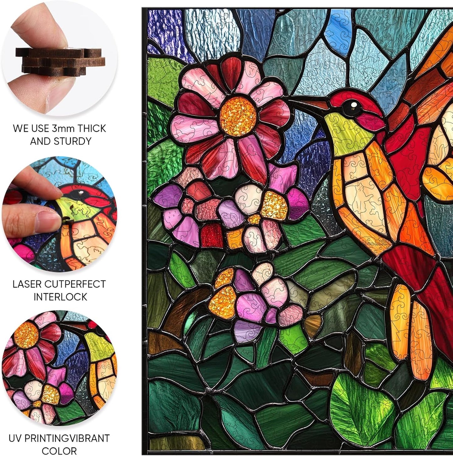 Wooden Puzzle for Adults, Stained Glass Hummingbird Jigsaw Puzzles 200 Piece, Unique Shapes Family Reunion Puzzle for Adults and Kids, Beautiful Package, Best Gift for Family Friends 11.4x11in