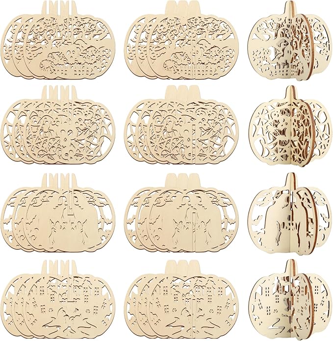 COCHIE DIY 3D Halloween Pumpkin Wood Crafts to Paint for Kids Adults, Paintable Unfinished Wooden Slices for Craft, Cutouts Ornaments for Painting Decorations (24 PCS)