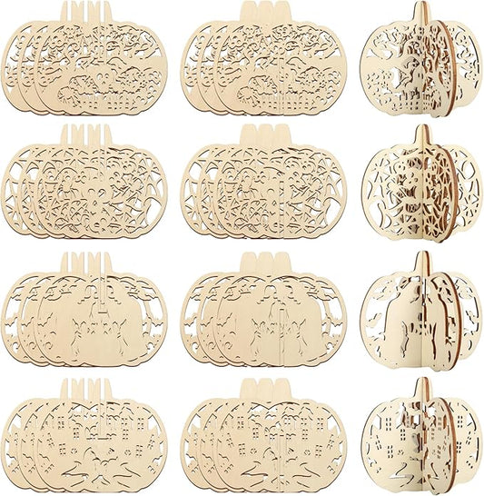 COCHIE DIY 3D Halloween Pumpkin Wood Crafts to Paint for Kids Adults, Paintable Unfinished Wooden Slices for Craft, Cutouts Ornaments for Painting Decorations (24 PCS)