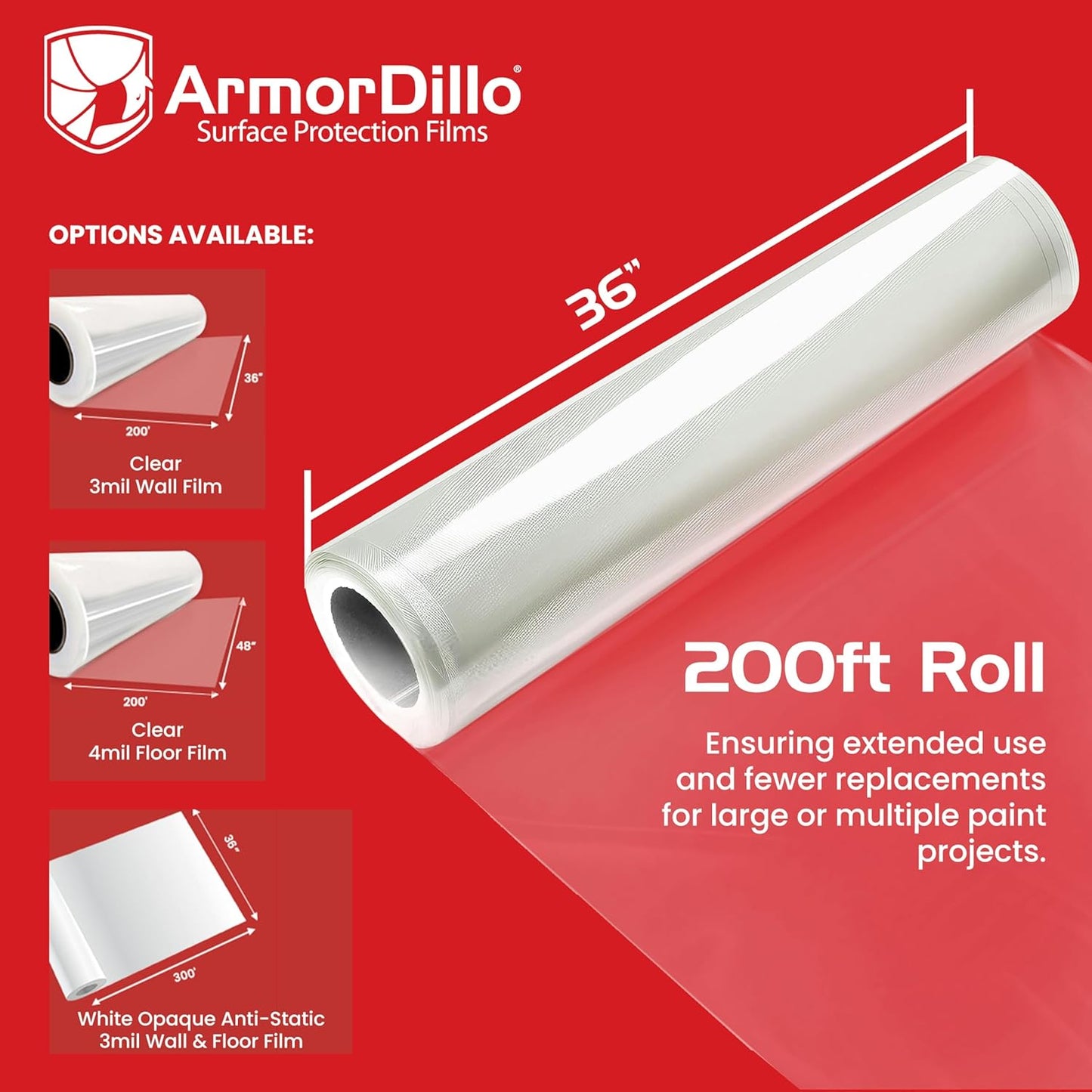 ArmorDillo Clear Full 3mil Self- Adhesive Paint Booth Protective Film Wall Masking Film Self-Adhesive, Easy-Start, 36" x 200 ft. Washable, Asteroid-Proof...Probably