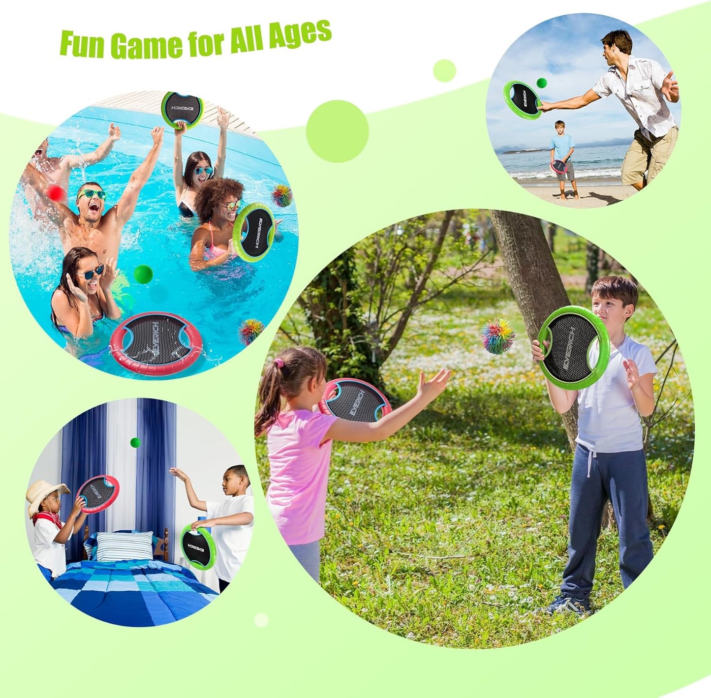 EVERICH TOY Trampoline Paddle Ball Set with 2 Bouncy Paddles & 4 Balls - Soft Foam Design for Kids Play Indoor Outdoor Beach Backyard Lawn - Great Gift Idea for Boys & Girls (Green & Red)