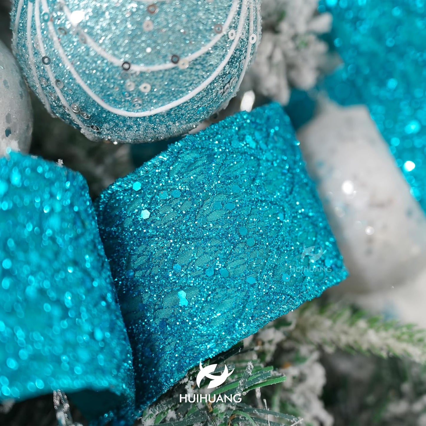 HUIHUANG Turquoise Glitter Wired Ribbon for Christmas Tree 2.5 inch Peacock Blue Diamond Mesh Ribbon for Tree Decoration, Wreaths, Garland, Gift Wrapping, Large Bows Making, Home Decor -10 Yards