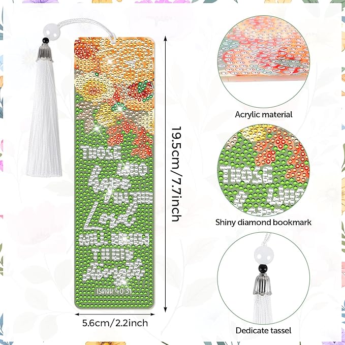 8 Pieces Christian Bible Verse Diamond Art Bookmarks 5d Christian Beaded Bookmark Acrylic Tassel Bookmark for DIY Making Beginners Kids Adults Arts Craft Supplies (Floral Christian)