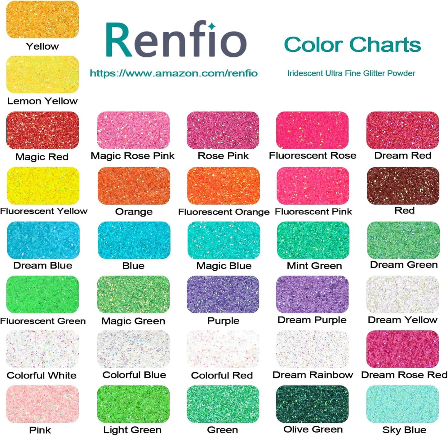 Renfio 32 Colors Iridescent Glitter Set, 16.93oz 480g Ultra Fine Glitter Powder PET 1/128" 0.008" 0.2mm Resin Suppies Assorted Craft Glitter for Fake Nails, Resin Art, Tumblers, Slime, Hair, Bomb