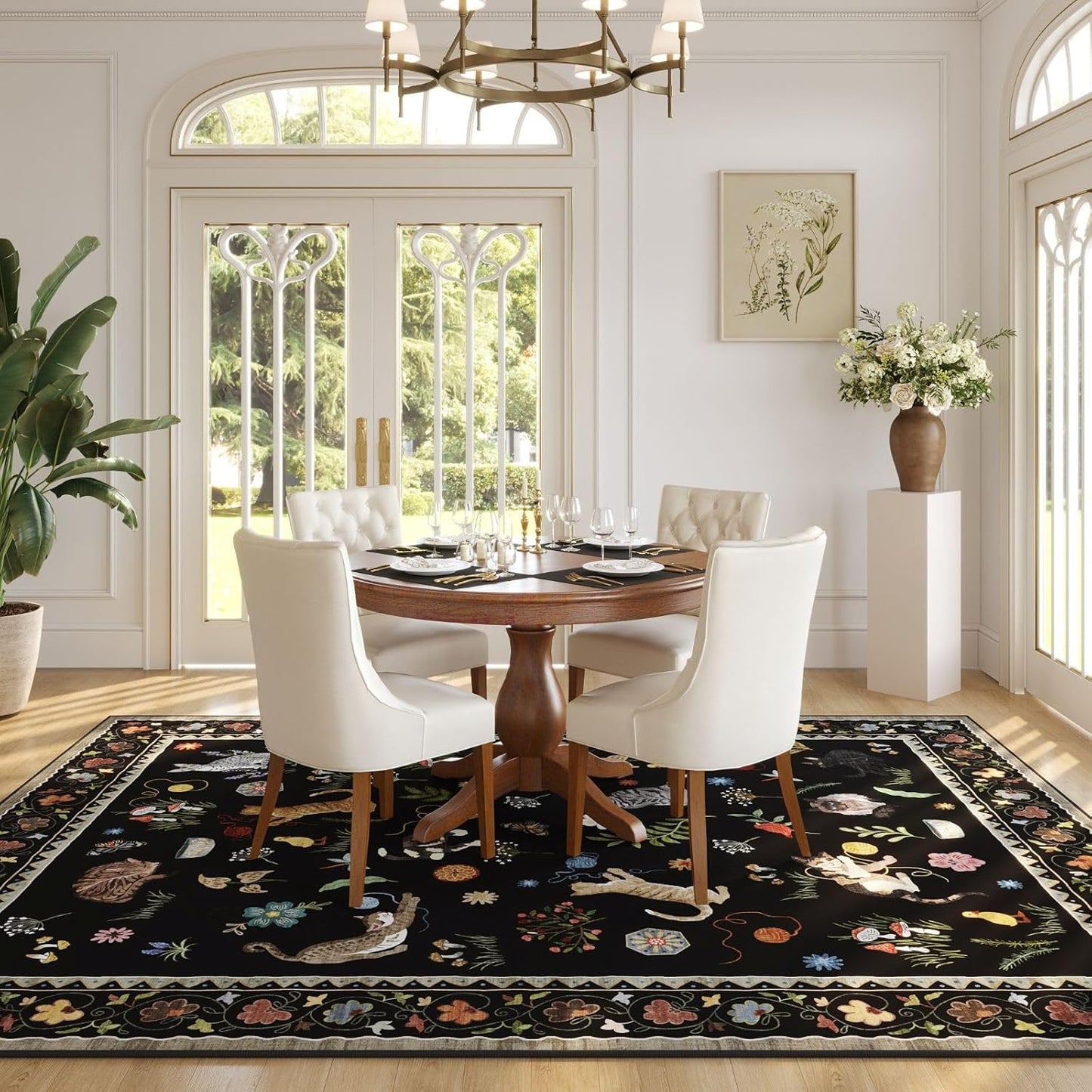 Rugcomf Area Rugs 8x10 Rug for Living Room Clearance Washable Boho Area Rug Non Slip Floral Animal Cat Vintage Low Pile Large Rug for Living Room Bedroom Farmhouse Dining Room Kids Playroom, Black