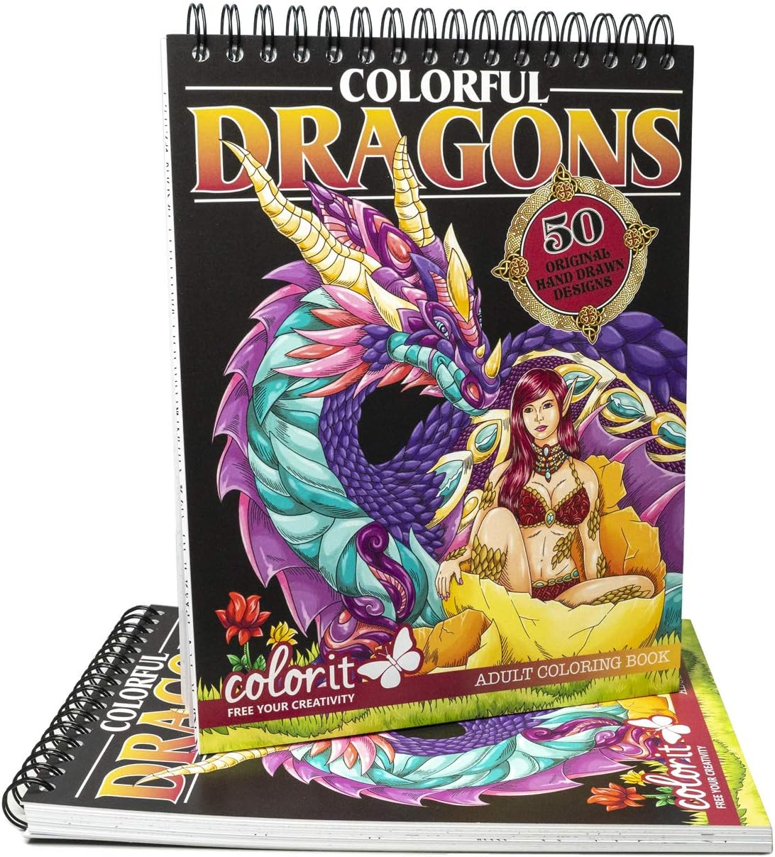 ColorIt Colorful Dragons Adult Coloring Book, Volume I - 50 Single-Sided Designs, Thick Smooth Paper, Lay Flat Hardback Covers, Spiral Bound, Dragon Coloring Pages
