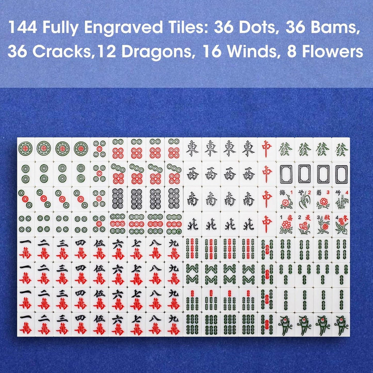 Chinese Mahjong Tile Set,144 Tiles White Green Melamine Tiles with Carrying Travel Case,Portable Mahjong Game Set