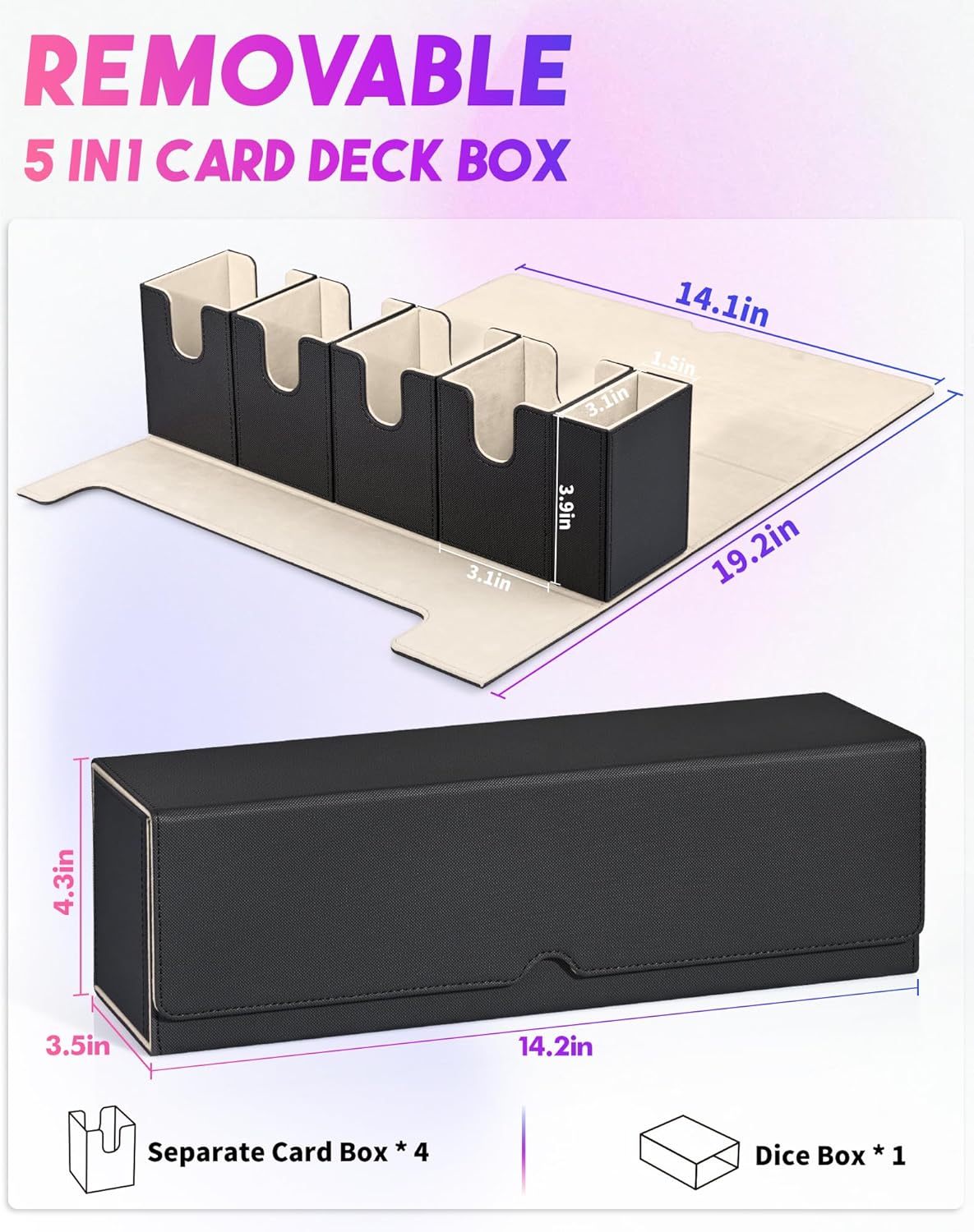 Card Deck Box with Dice Tray for MTG, 5 in 1 Deck Case Holds 800+ Unsleeved Cards, Strong Magnet Card Organizer Compatible with Yugioh TCG Sport (Black Gold)