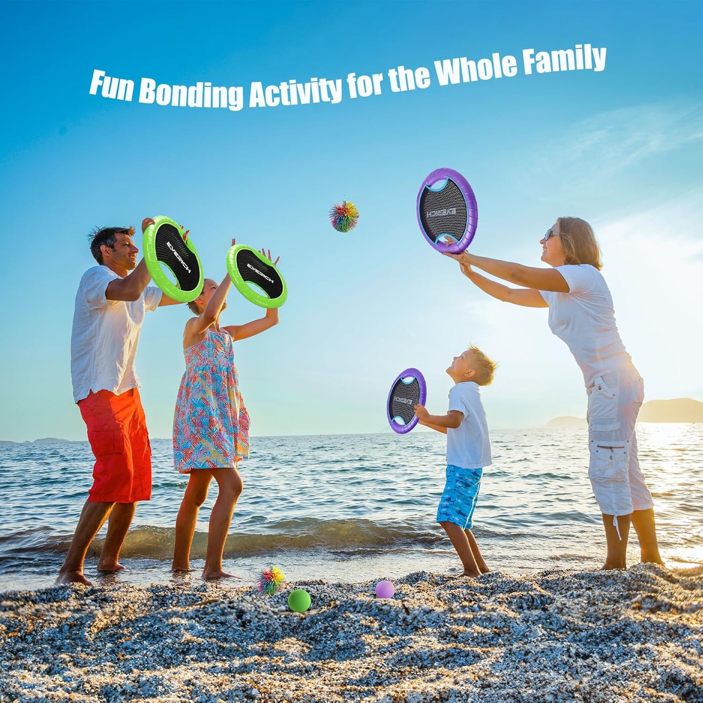 EVERICH TOY Trampoline Paddle Ball Set with 2 Bouncy Paddles & 4 Balls - Soft Foam Design for Kids Play Indoor Outdoor Beach Backyard Lawn - Great Gift Idea for Boys & Girls (Blue & Purple)