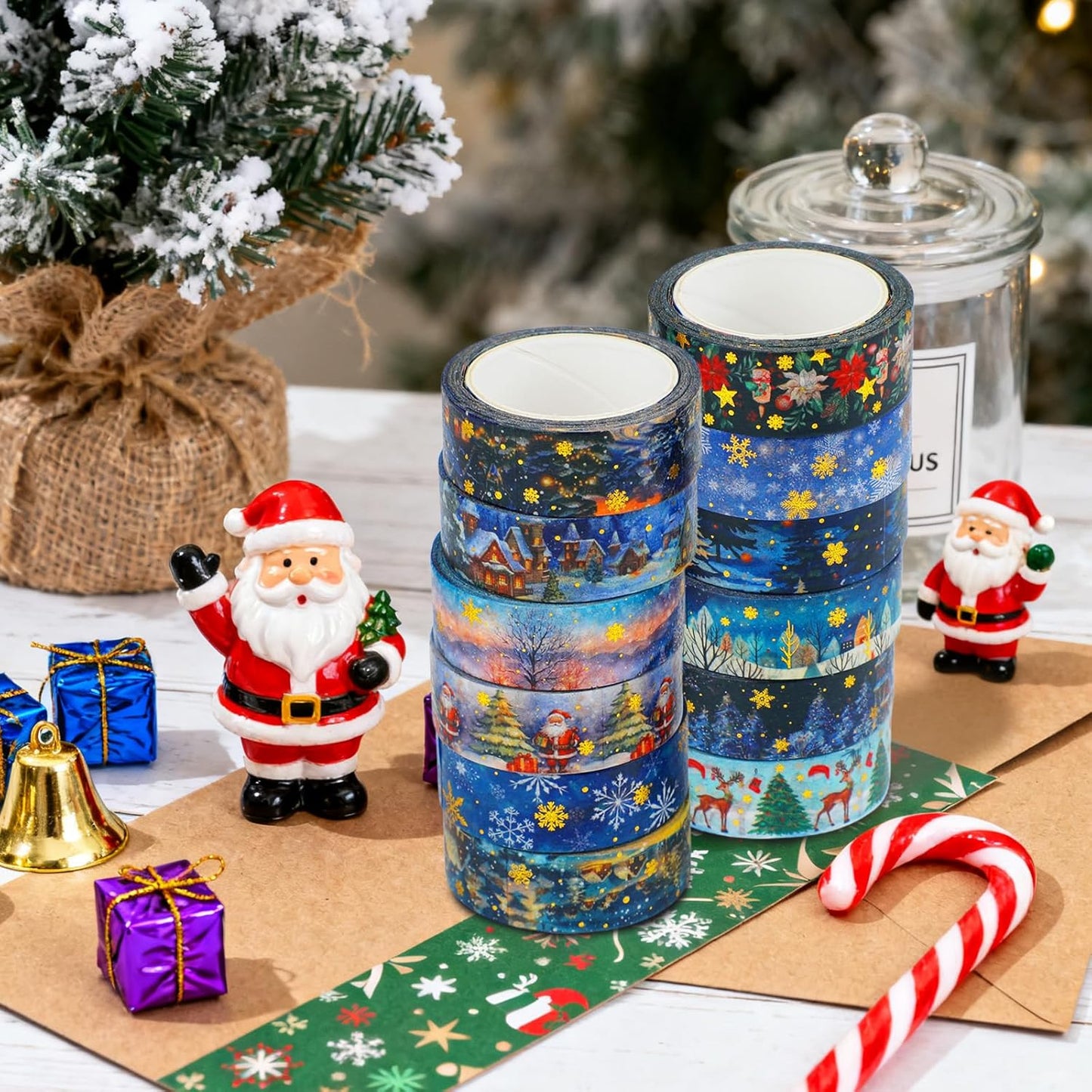 12 Rolls Christmas Washi Tapes, Christmas Tree Snowflakes Santa Claus Masking Tape, Gold Foil Winter Xmas Decorative Tape for Planner Scrapbook Journal DIY Arts Craft Gift Wrapping 16.4FT