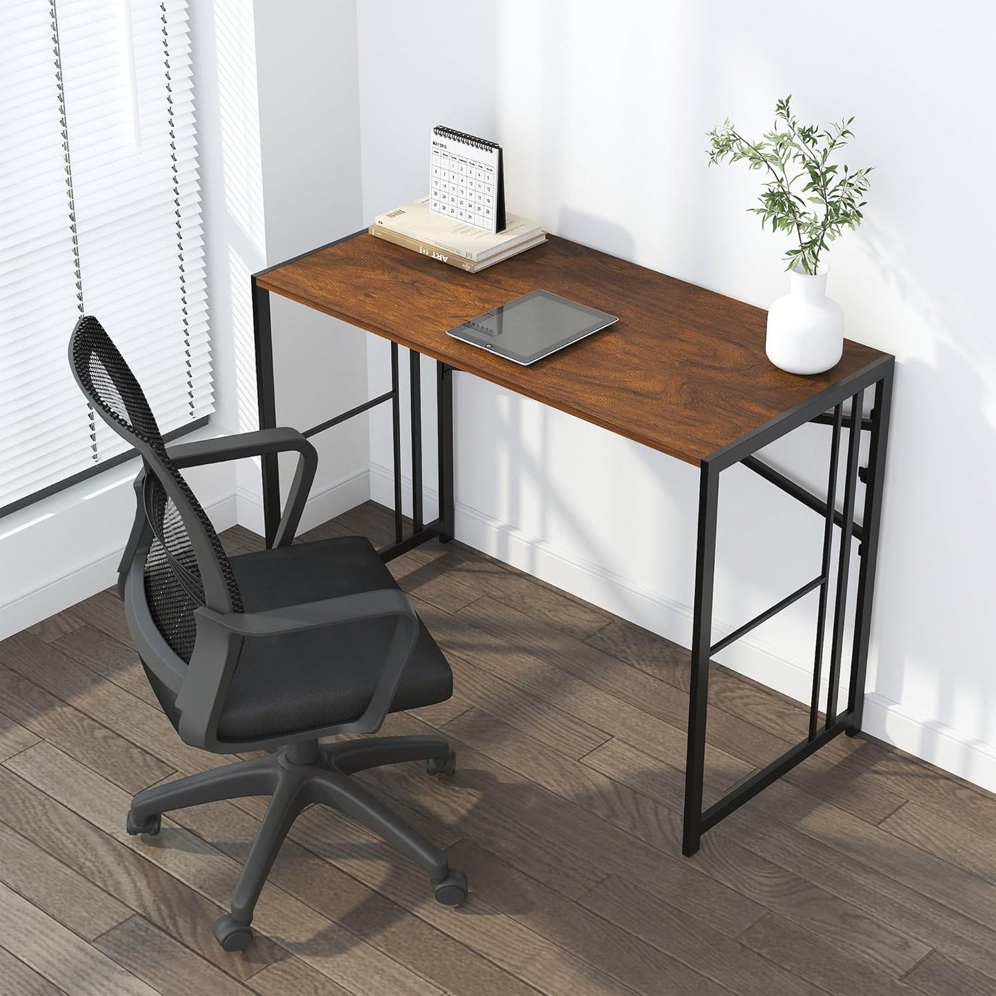 35 inch Folding Small Desk, Writing Gaming Computer Camping Desk for Small Spaces, No Assembly Required Home Office Table, Mahogany