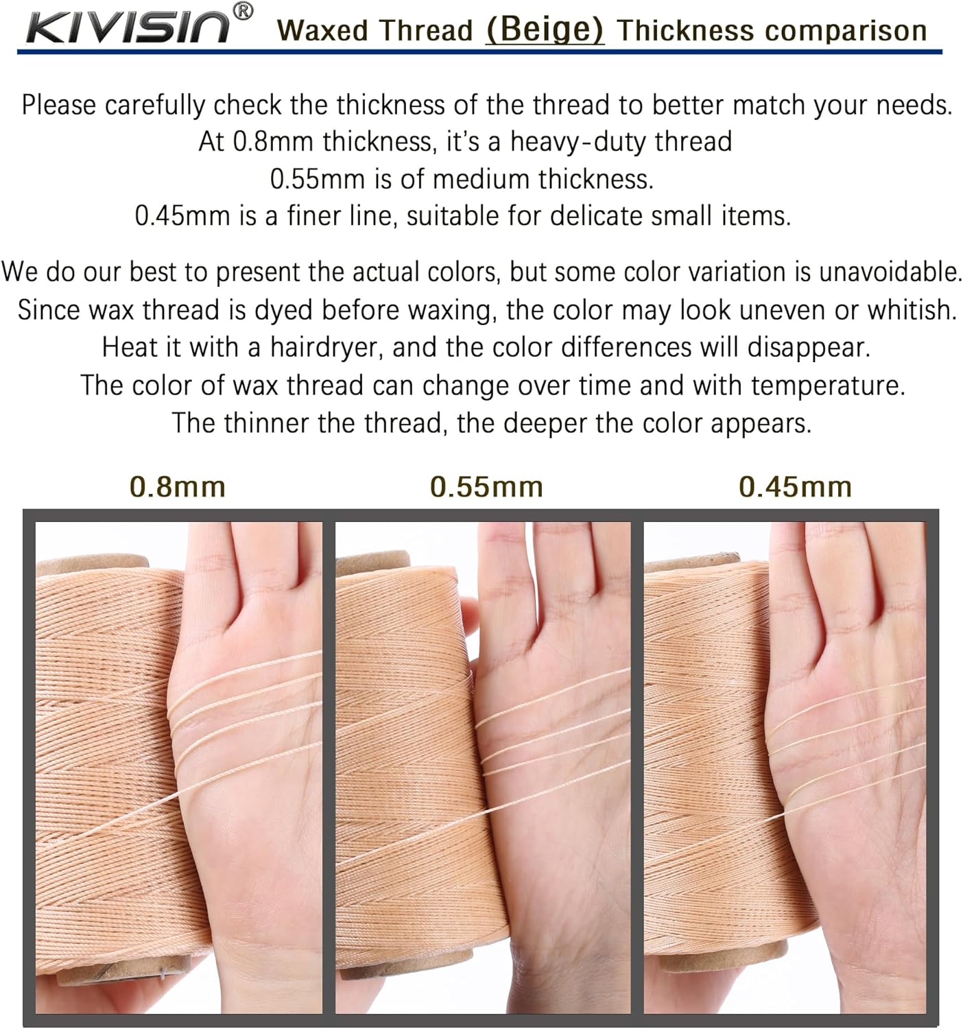 Thin Wax Polyester Thread, 0.45mm, 547 Yards, 3 Ply Round Waxed Cord Strings for Sewing, Beading, Binding, Micro Braiding, Fine Leather Craft and Micro Macrame Jewelry - Beige