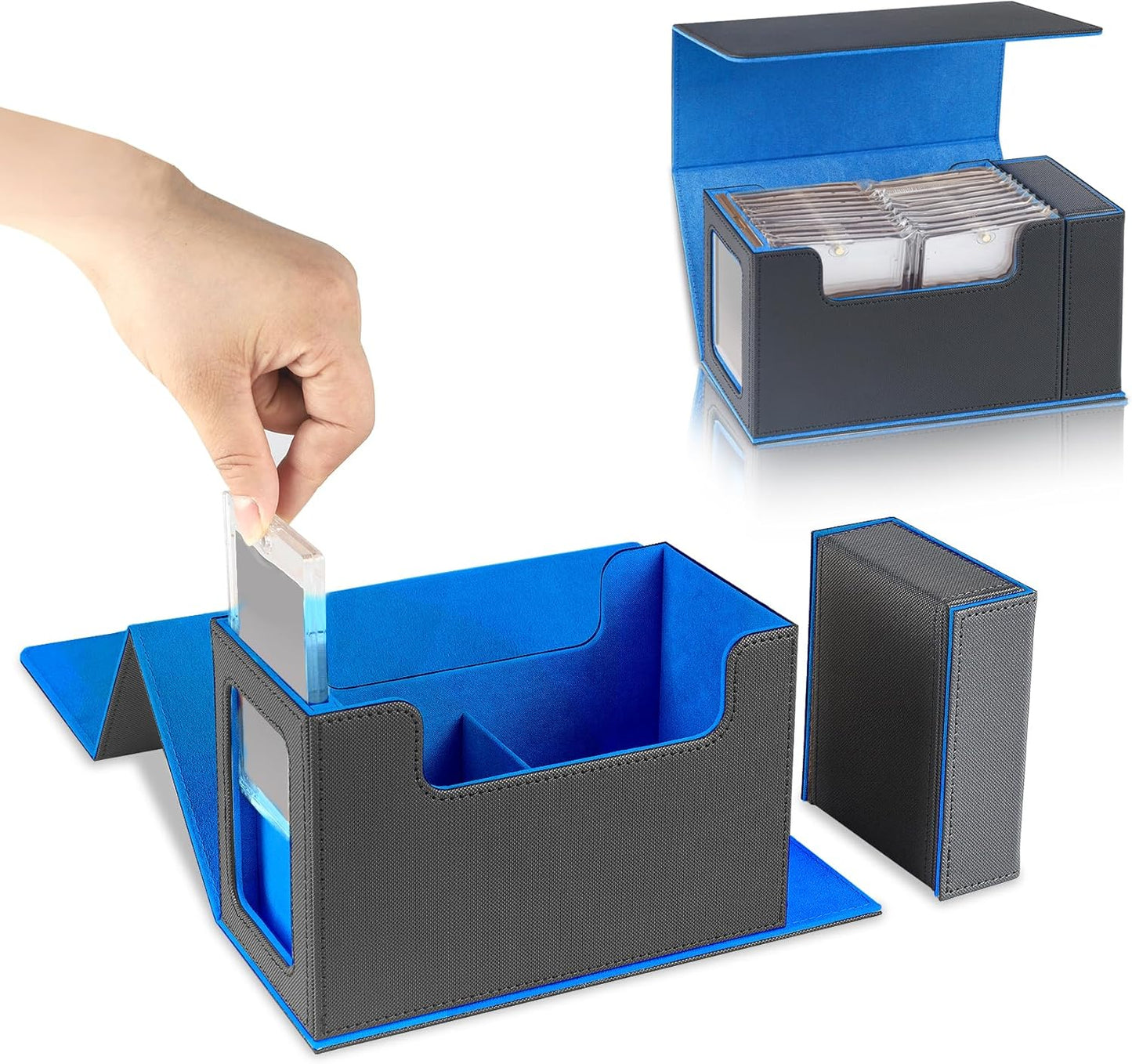 Card Storage Box for Trading Cards，450+ Card Deck Case,Leather Magnetic Closure Commander Storage Box,Protectors Fit for YuGiOh, MTG and Sport Cards (Black, blue, 450+)