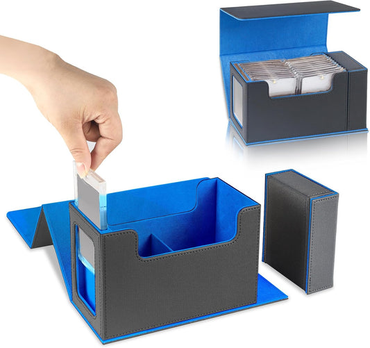 Card Storage Box for Trading Cards，450+ Card Deck Case,Leather Magnetic Closure Commander Storage Box,Protectors Fit for YuGiOh, MTG and Sport Cards (Black, blue, 450+)