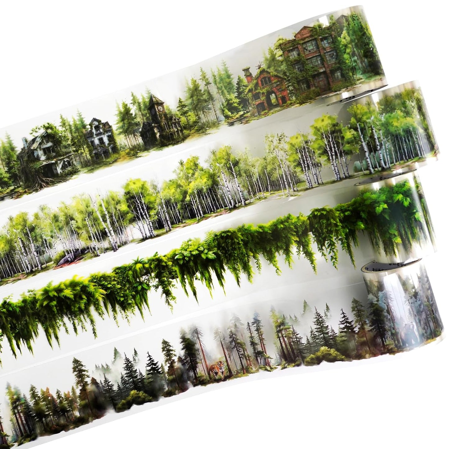 Forest Adventure Transparent PET Scrapbook Tape Set with Clip - 4 Rolls Tree and Landscape Scenery Design Stickers for Journals Planners Crafts and Gift Ideas