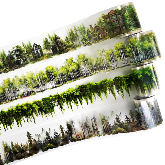 Forest Adventure Transparent PET Scrapbook Tape Set with Clip - 4 Rolls Tree and Landscape Scenery Design Stickers for Journals Planners Crafts and Gift Ideas