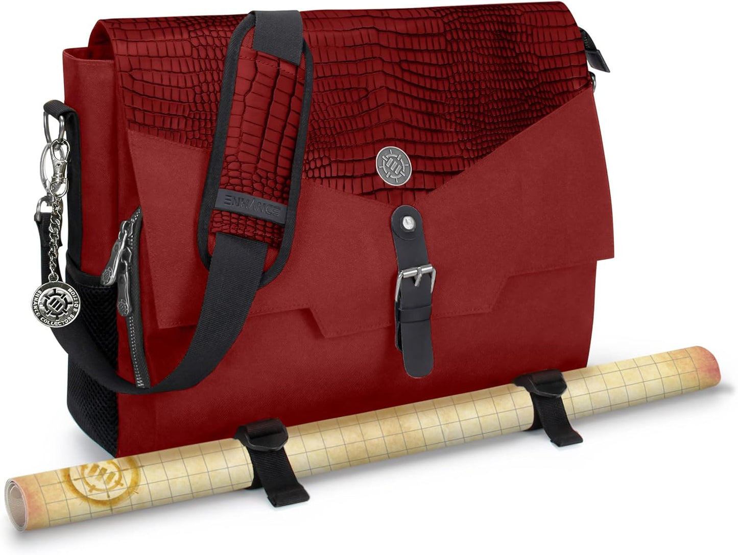 ENHANCE Collector's Edition RPG Player's Essentials DnD Bag - Dragon Hide Exterior Messenger Bag Fits 2-4 Books, Binders, Dice & Accessories, with 17 inch Laptop Slot, Battlemap Straps (Dragon Red)