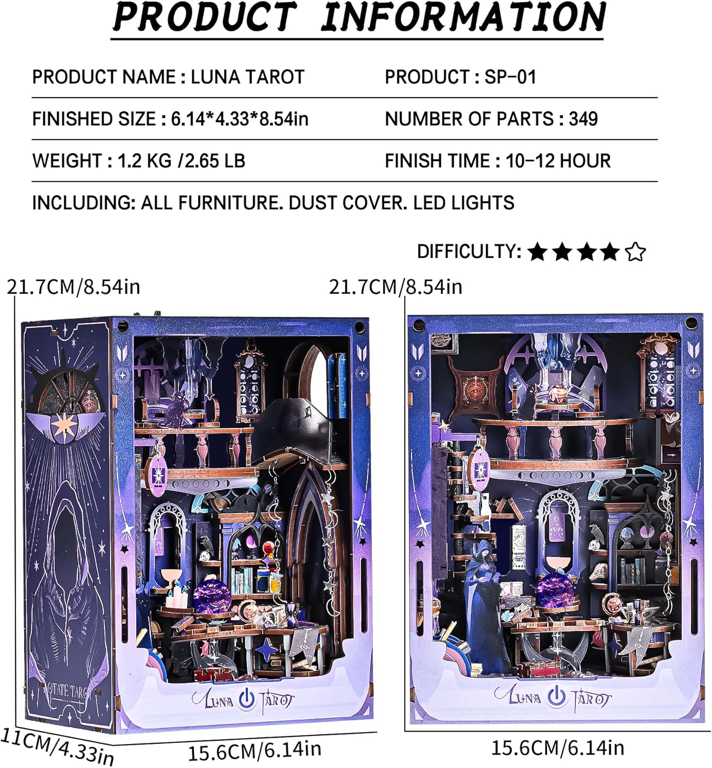 DIY Booknook Kit,3D Wooden Puzzle Miniature Book Nook Kit Insert Decor with LED Light and Dust Cover for Adults and Teens，Gifts for Family, Friends（Luna Tarot）