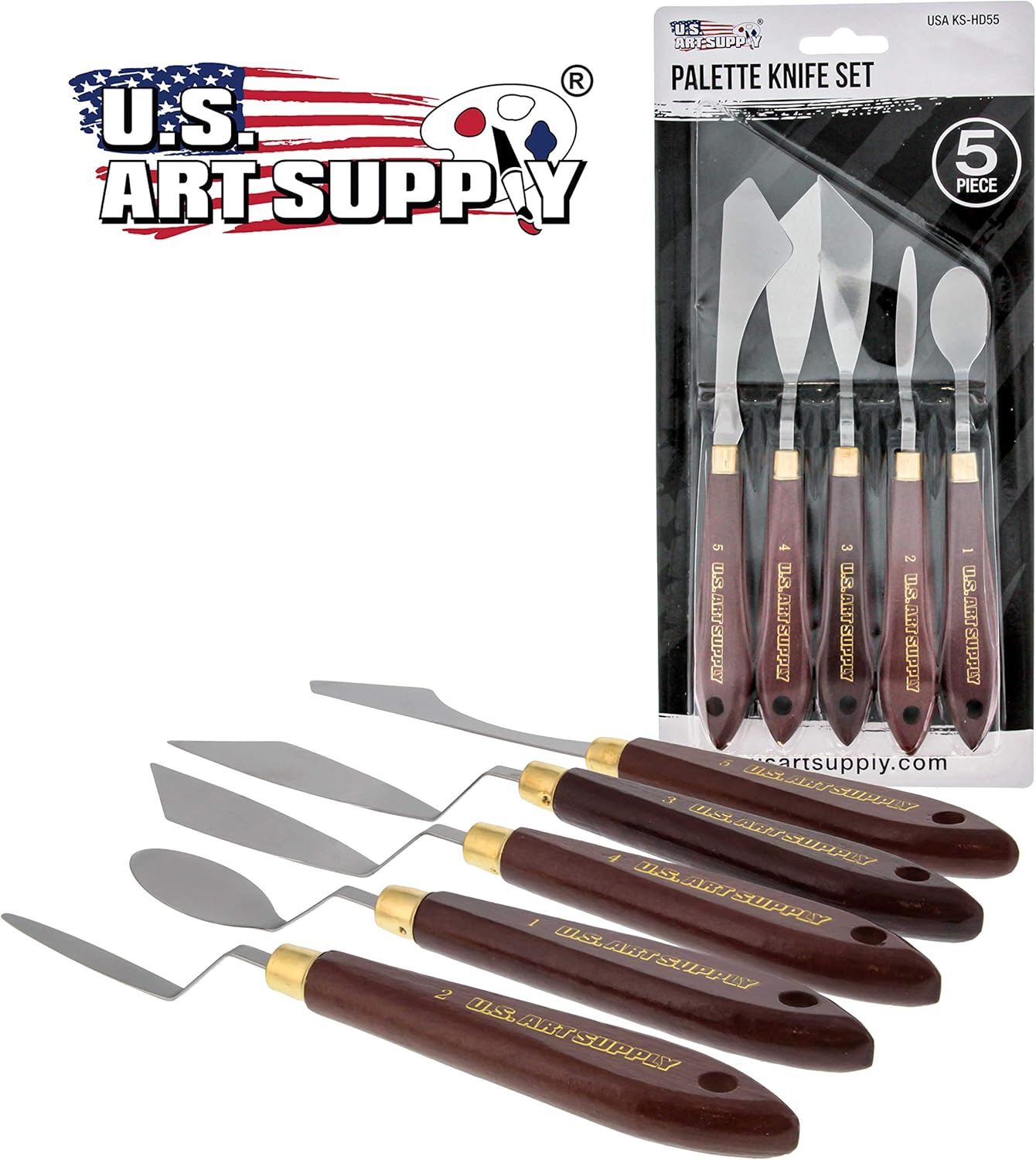 U.S. Art Supply 5-Piece Artist Stainless Steel Palette Knife Set - Wood Hande Flexible Spatula Painting Knives for Color Mixing Spreading, Applying Oil, Acrylic Paint on Canvas