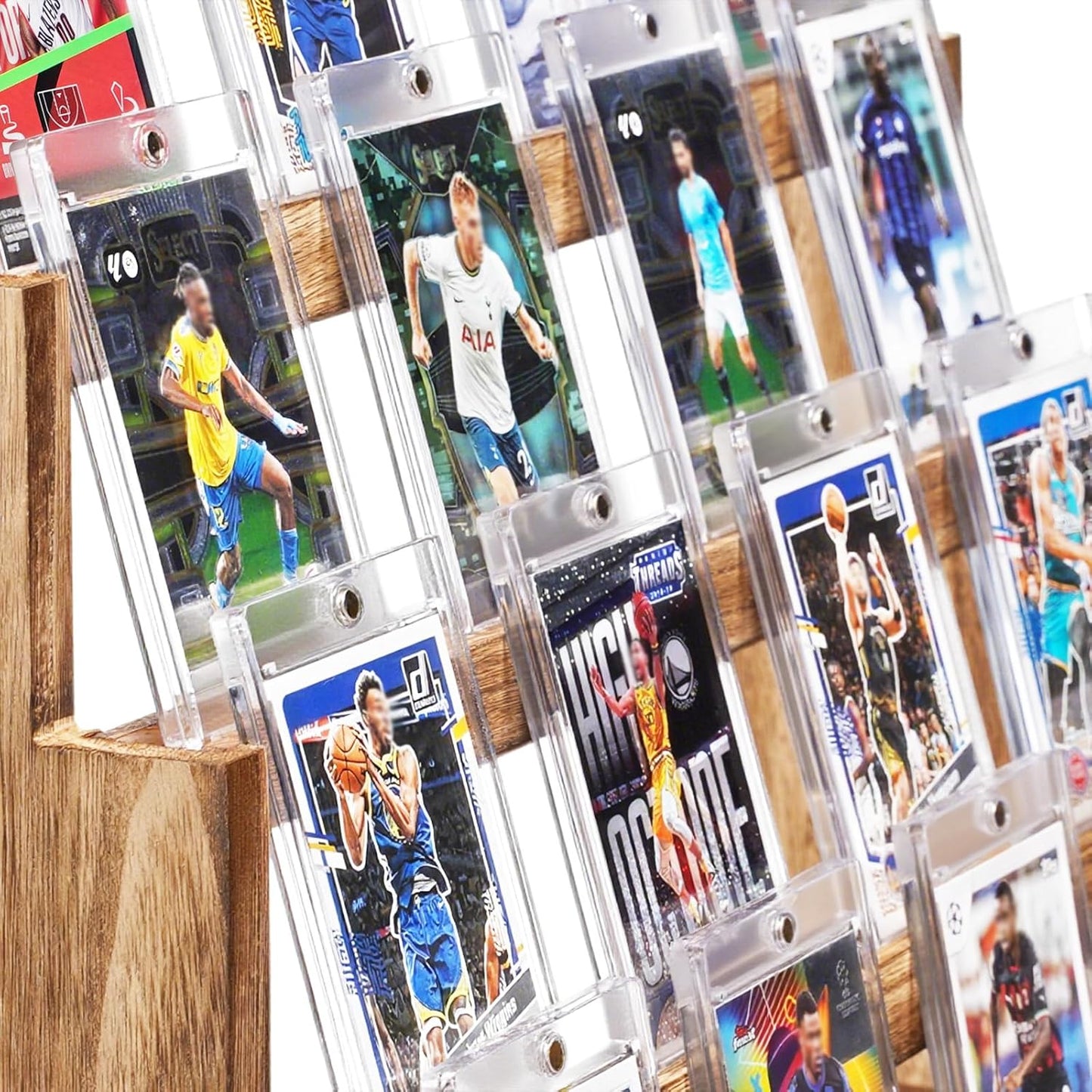 Emfogo Card Display Stand, 4-Tier Trading Card Display, Wooden Graded Baseball Sports Card Display, Trading Card Display Case for Card Collection & Show (Brown)