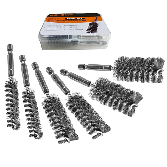 ASNOMY 6Pcs Wire Bore Brush for Drill,1/2” 3/4” 1” Stainless Steel Copper Pipe Cleaner Set for Power Drill Cleaning,Abrasive Drill Wire Brush with 1/4" Hex Shank