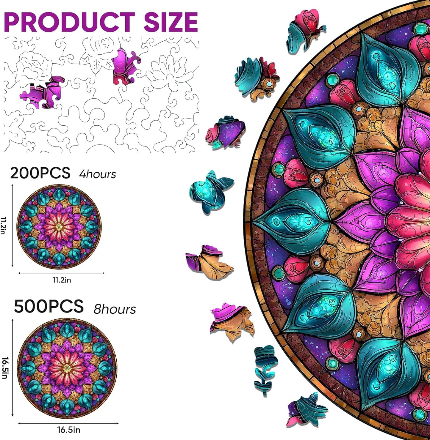 Wooden Puzzles for Adults, Mandala Puzzles 500 Pieces, Unique Shaped Jigsaw Puzzles for Adults and Kids, Birthday Gifts Fun Challenge Family Game 16.5'' x 16.5''