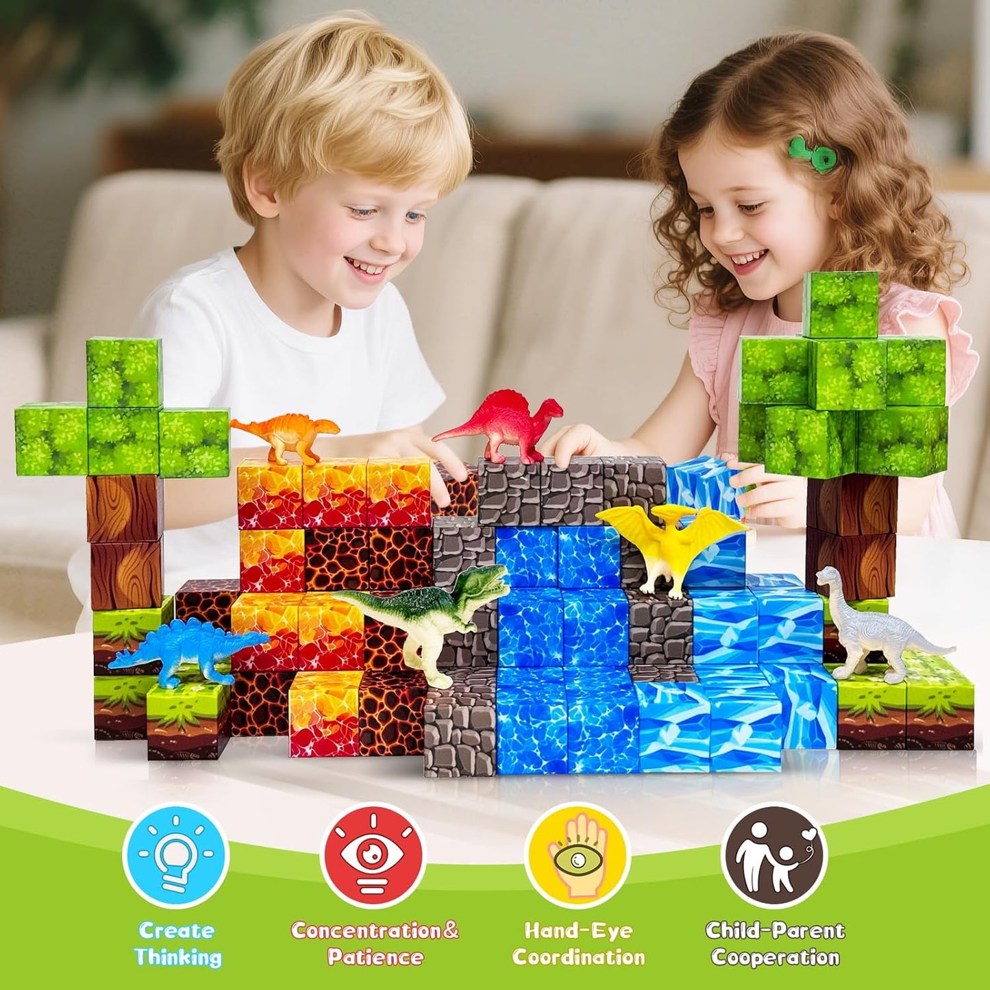 100PCS Dinosaur Magnetic Blocks for Kids: 1" Magnetic Building Blocks for Kids Ages 4-8 8-12, Magnet Cubes Sensory STEM Stacking Toys for Boys & Girls,Christmas Birthday Gifts for Toddler Ages 3+