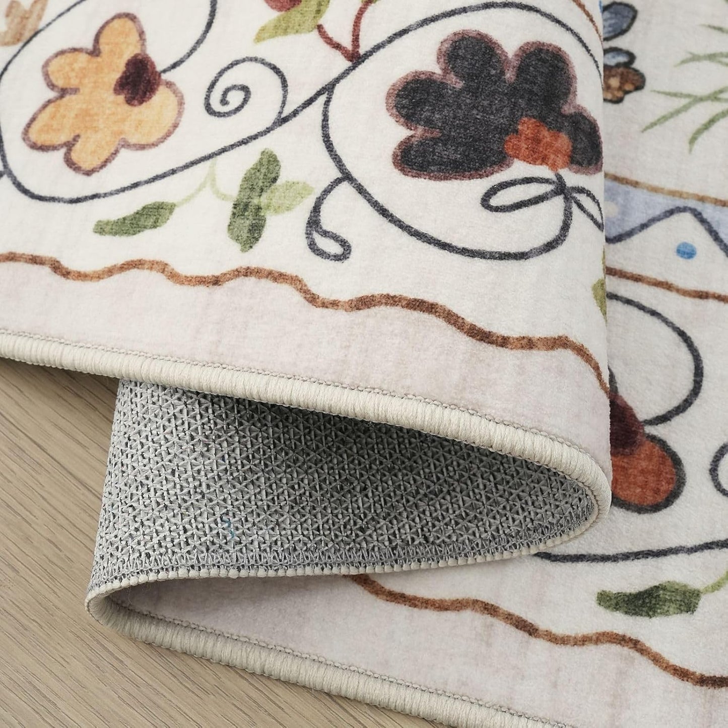 Rugcomf Area Rug 4x6 Rug Washable Boho Rugs Non Slip Low Pile Floral Animal Cat Small Carpet for Bedroom Bedside Kids Room Office Dining Room, Beige