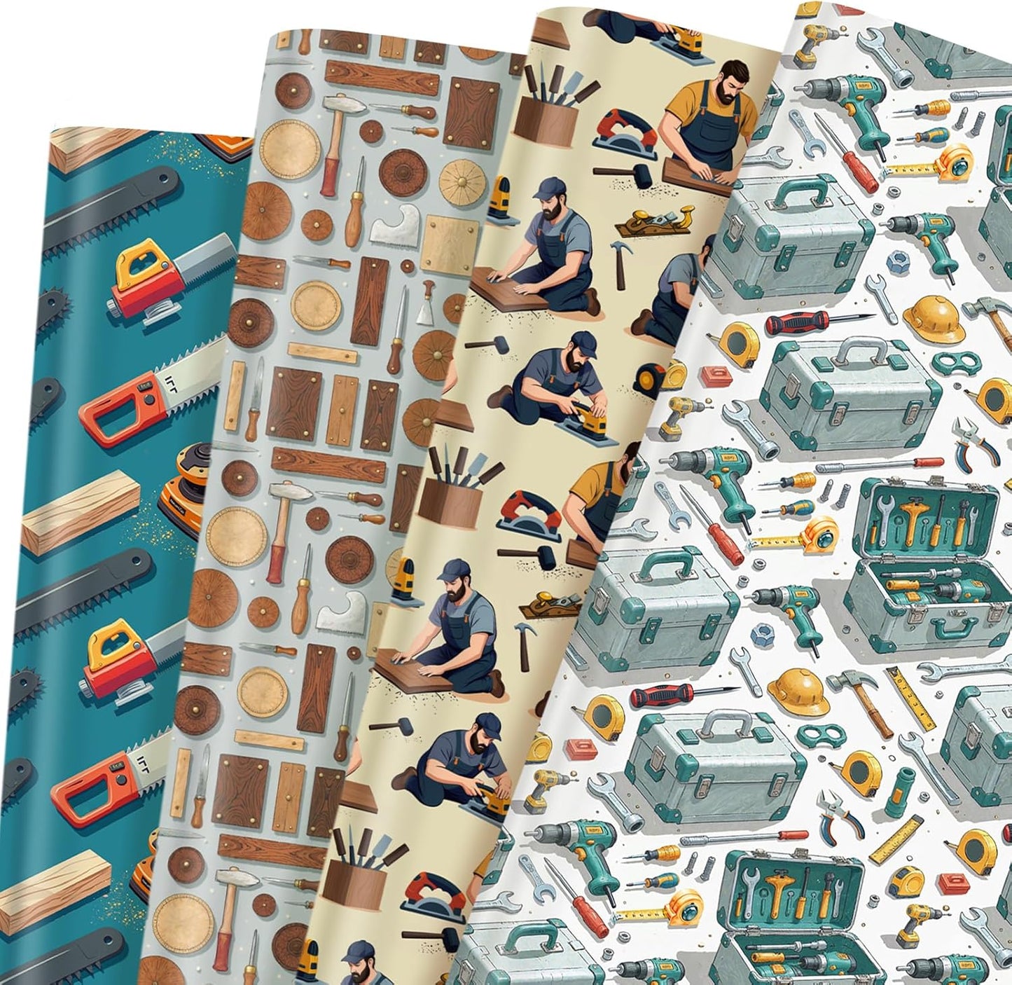 Pineraap 12 Sheets Carpenter Wrapping Paper, Woodworking Tools & Craftsman Printed Gift Wrap Decorative Craft Paper for DIY Projects, Birthdays, Father's Day, or Handyman Celebrations, 20 x 28 inch