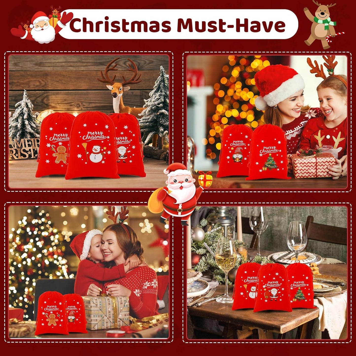 Tapleap Velvet Coth Christmas Bags with Drawstring, 50Pcs 5x7 for Wrapping Christmas Party Favors or Gifts for Friends, Small Bussiness, Children, Coworkers