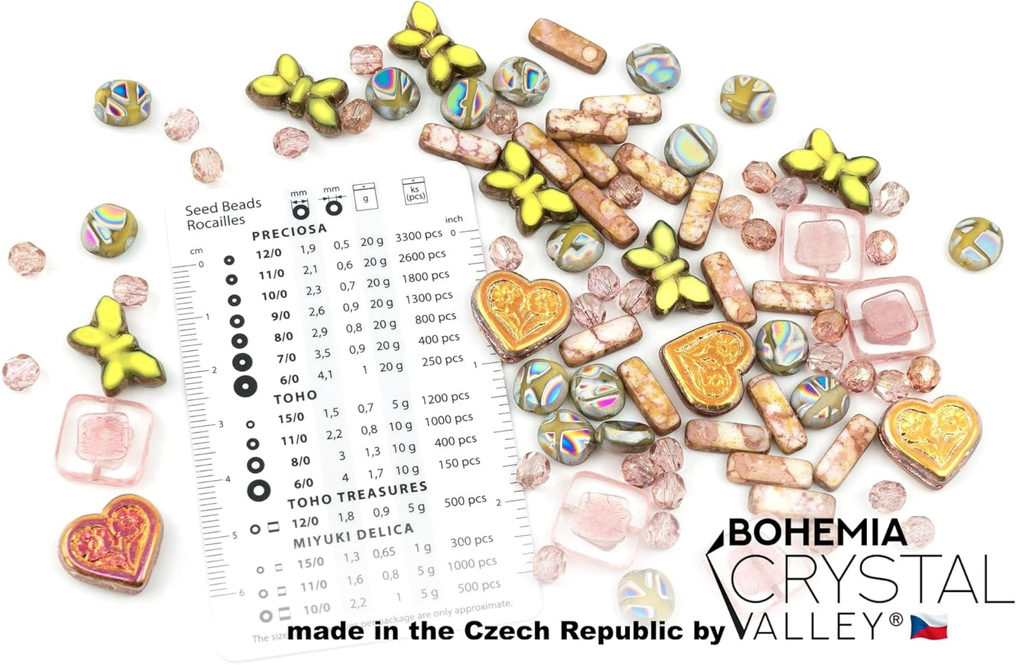 2.1oz (60g) of Focal Glass Bead Mix with Table-Cut Flower and Butterfly Beads, PG Pale Green Pink