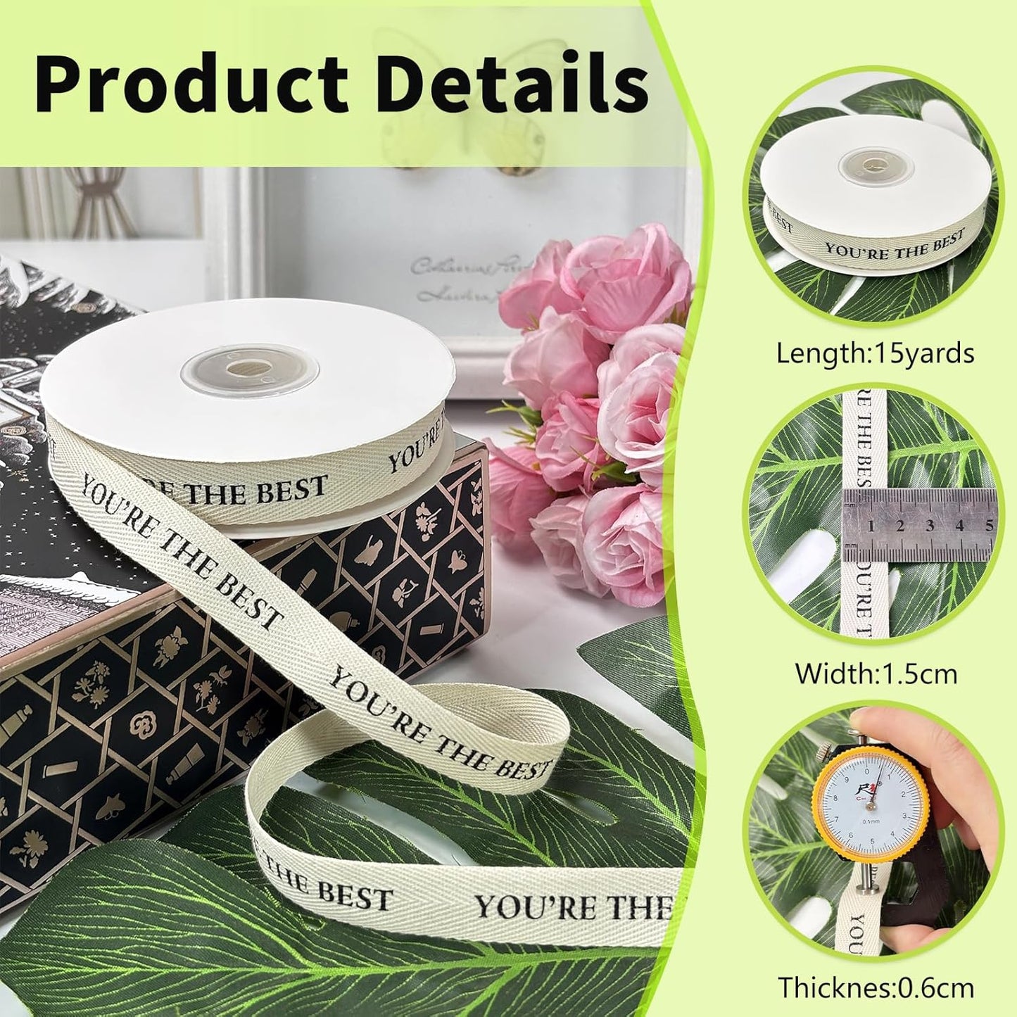 Cotton Herringbone Ribbon - Natural Twill Tape for Custom Gift Wrapping & DIY Crafts-5/8 Inch x 15 Yards - You're The Best Printed Phrase