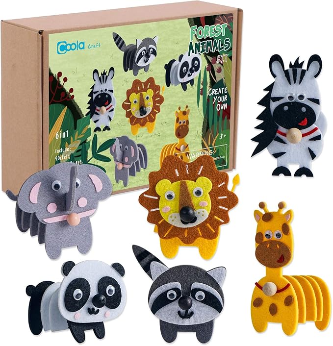 Animals Craft Kit - Educational Toys for Kids, Felt Craft Kit Including 6 Wild Friends, Elephant Zebra Panda Lion Raccoon Giraffe, DIY Activity Birthday Gifts for Boys & Girls Ages 3 4 5 6 and Up