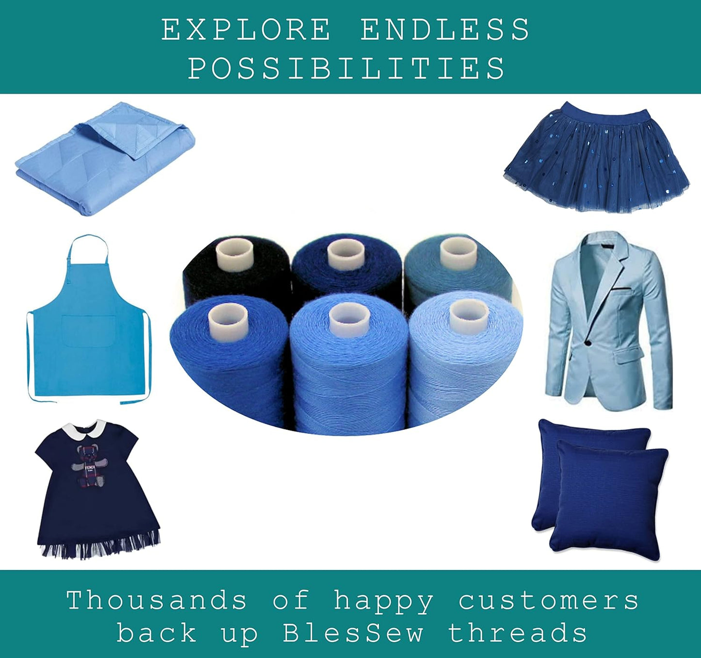 BlesSew Sewing Thread in Blue Color Tones – 6 Spools of Polyester Thread for Sewing Machine for Beginners, Hand Stitching & Quilting - 1000 yds per Spool