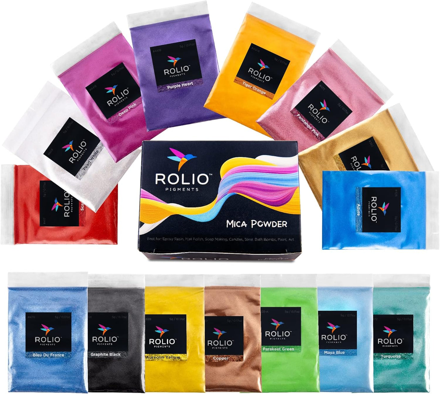 Rolio Mica Powder, 5g, 15 Bags - Pearlescent Color Pigment - Art Set for Resin Epoxy - for Soap Making, Nail Polish, Lip Gloss, Eye Shadow, Slime & Candle Jars - (Original Set)