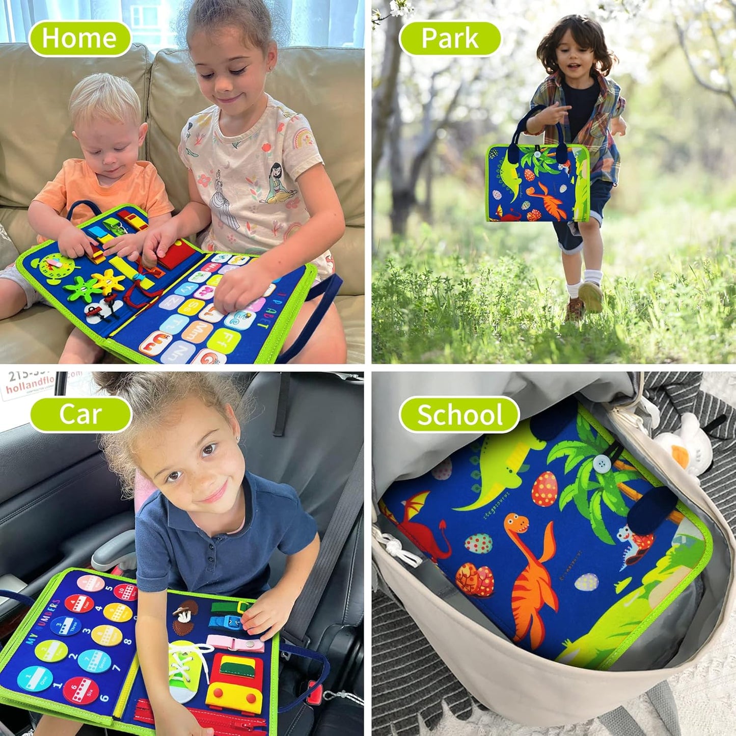 Dinosaur Montessori Learning Toy for Toddlers Ages 1-4 Years, Busy Sensory Board with Educational Activities, Travel-Friendly Developmental Skills Toy