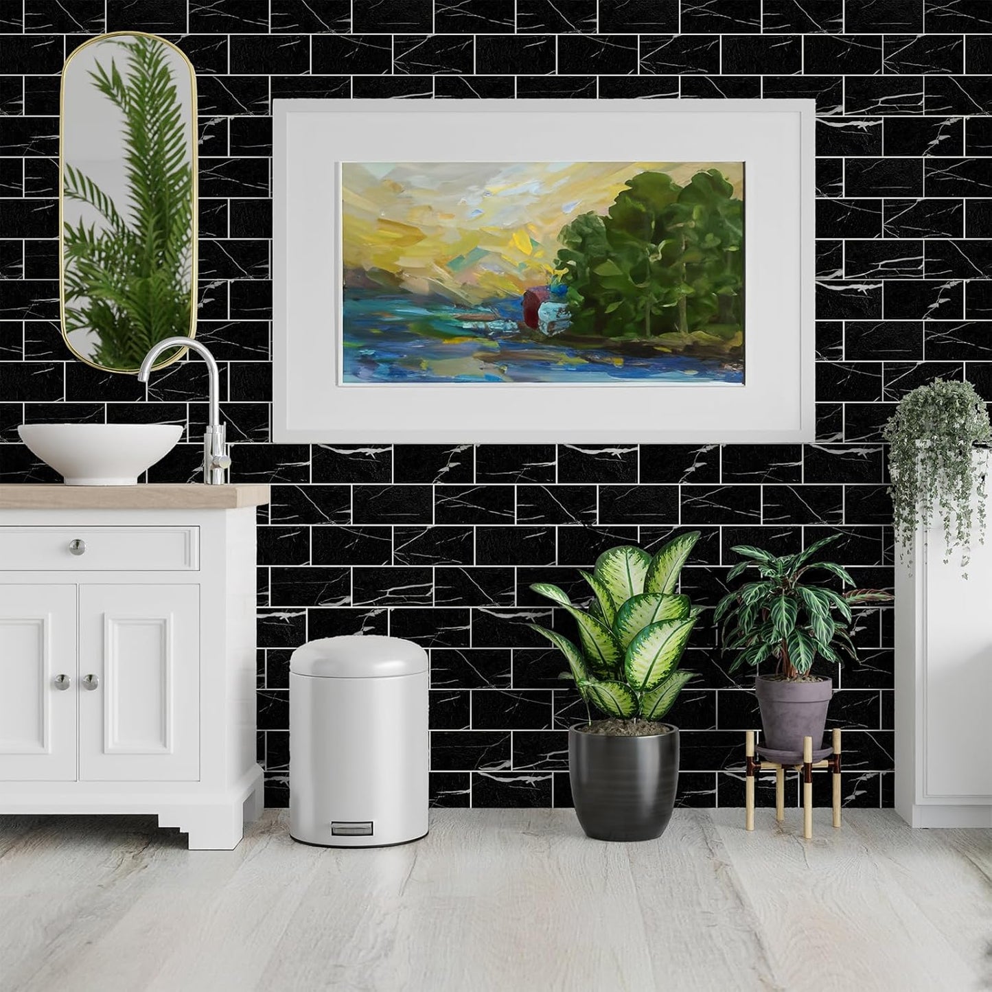 100 Pieces Peel and Stick Backsplash for Kitchen, 3" x 6" PVC Subway Tile Upgraded Nero Marquina with White Grout Backsplash Stick on Tile Elevate Kitchen, Bathroom, Fireplace,RV