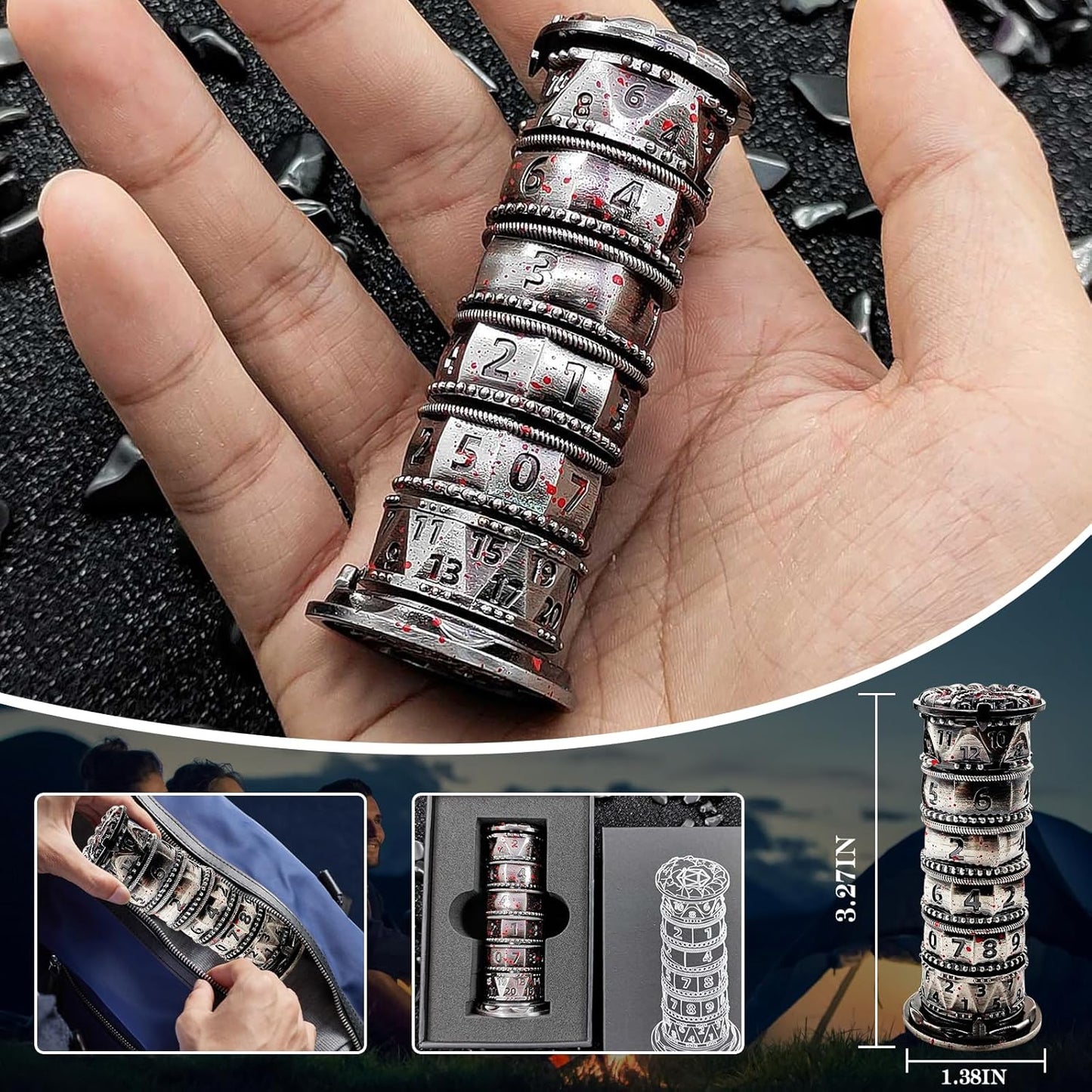 DND Dice Spinner Tower Set - Unique D4 D6 D8 D10 D10% D12 D20 All in One D&D Metal Dice - Cool Role Playing Gifts for Dungeons and Dragons TRPG MTG Games Lover Players (Tower-Bloodstained)