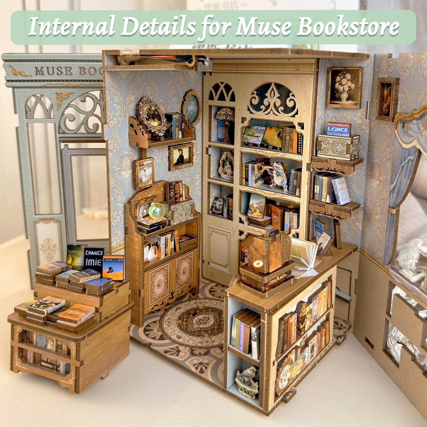 Fsolis Book Nook Kit - DIY Miniature House Kit 3D Puzzles for Adults Beginners Tiny House Mini Booknook Craft Bookshelf Decor, 281 Wooden Pieces, Gifts for Women Teenagers Book Lovers (Muse Bookstore)