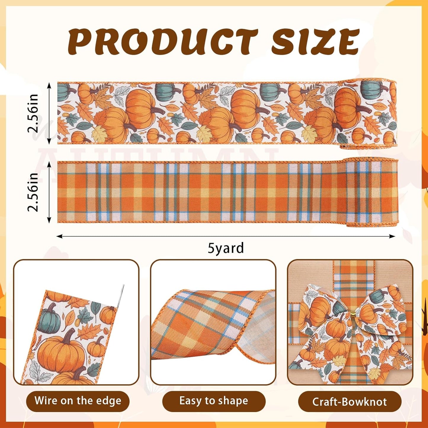 2 Rolls Fall Pumpkin Craft Ribbons for Wreath Bows, 2.5"×10 Yards Thanksgiving Wired Edge Ribbon Orange Burlap Autumn Leaves Wired Ribbons for Crafting Sewing Supplies